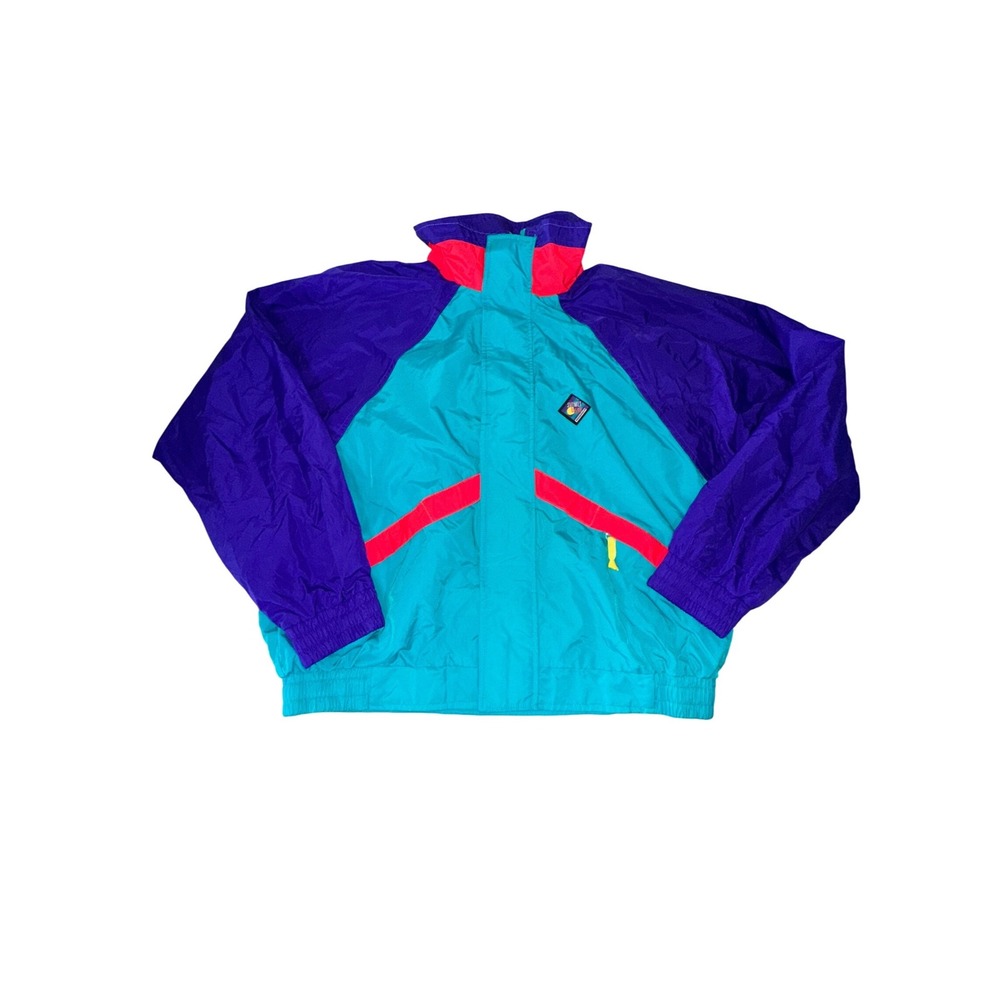 Woolrich Sea Jade Purple Color‎ Block Zip Windbreaker Jacket Mens Large Vintage